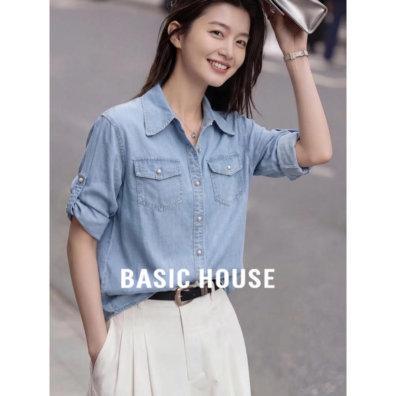 Basic House Women s Tencel Denim Polo Shirt M