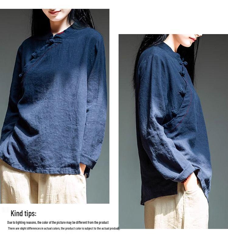 Damen Retro Baumwolle & Leinen Langarmhemd - Stehkragen, Schräge Revers, Geknöpft, Lockere Passform für Frühling, Sommer & Herbst