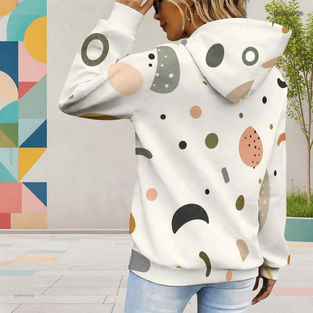 Women Plus Size Long Sleeve Drawstring Hoodie Geometric Printed Kangaroo Pocket Pullover