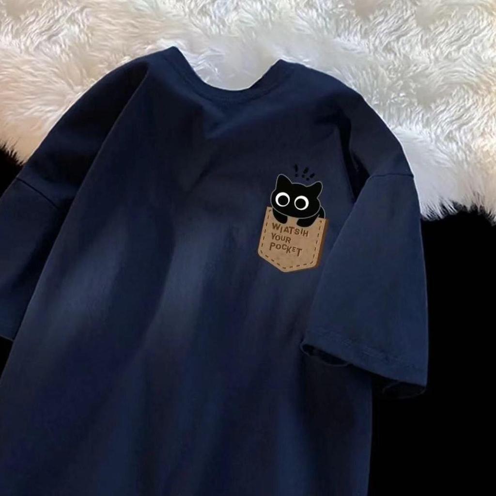 Couple's American-Style Cotton T-Shirt with Fake Pocket Print