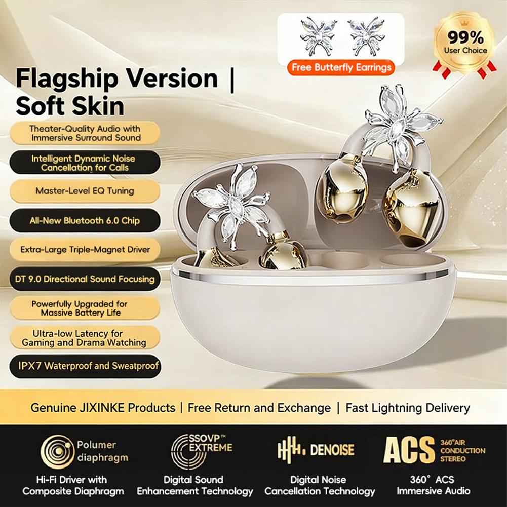 Sports Bluetooth 5.4 Headphones Wireless Ear-clip Earbuds Intelligent Noise Cancellation Earphones Butterfly Diamond Buckle Decor
