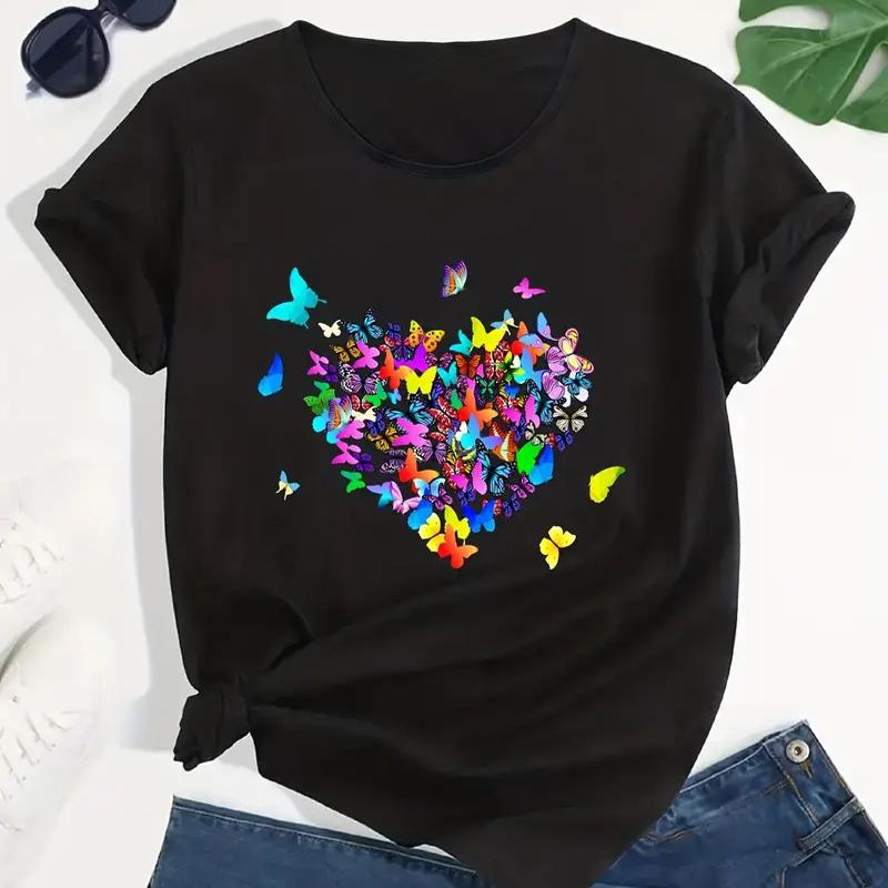 

Women Summer T Shirt Retro Fashion Short Sleeve Tees Casual Butterfly Printed Tops XS чорний