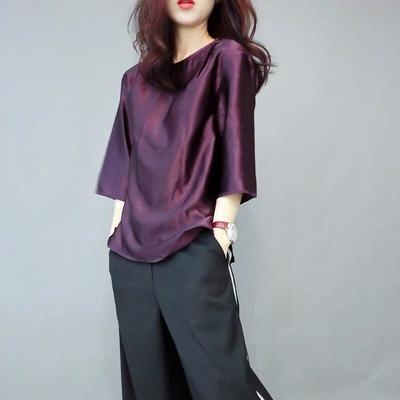 Elegant O-Neck Solid Color 3/4 Sleeve Oversized Satin Blouse Spring and Summer Casual Tops Loose Office Lady Shirt