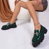 Patent Leather Block Heel Single Shoes Autumn New Round Toe Deep Mouth Metal Chain Platform Anti-Slip Wear-Resistant Loafers