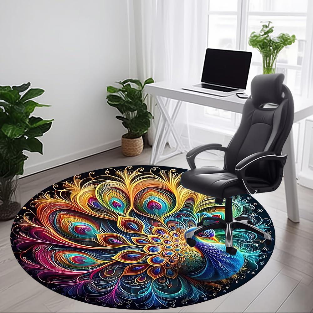 1PC Peacock Feather Mandala Office Round Rug, Non slip, Soft and Durable Office Rug for Interior Decoration, Perfect for Office