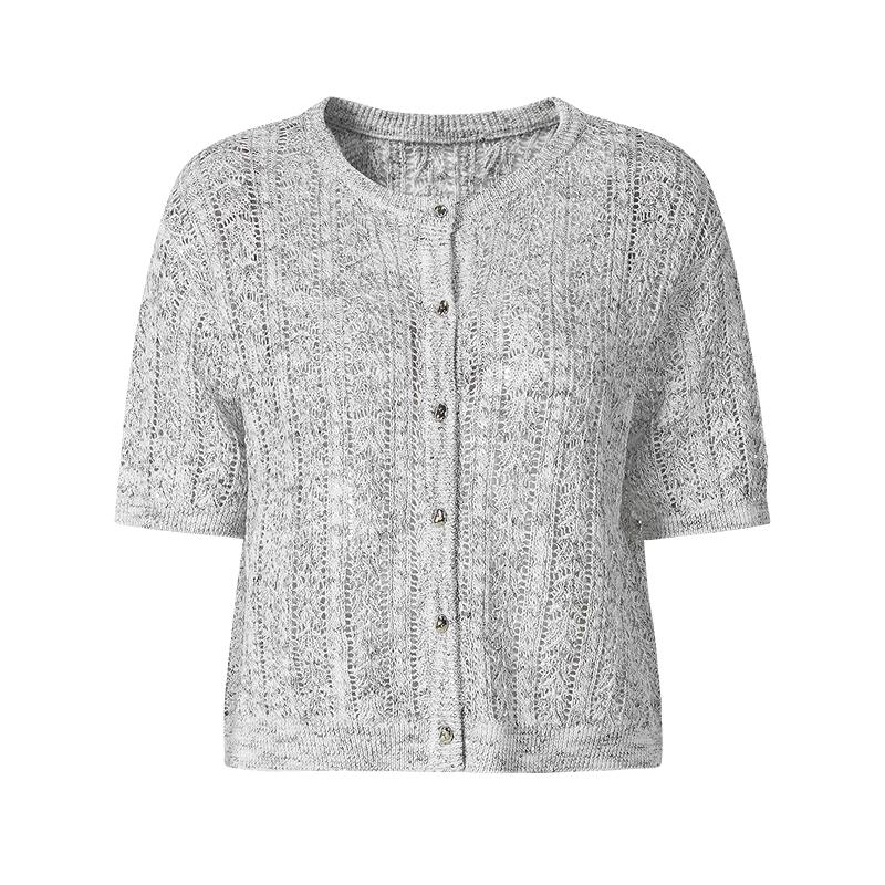 JUZI Annakou Women s Linen Blend Hollow-Out Knit Short-Sleeve Top S