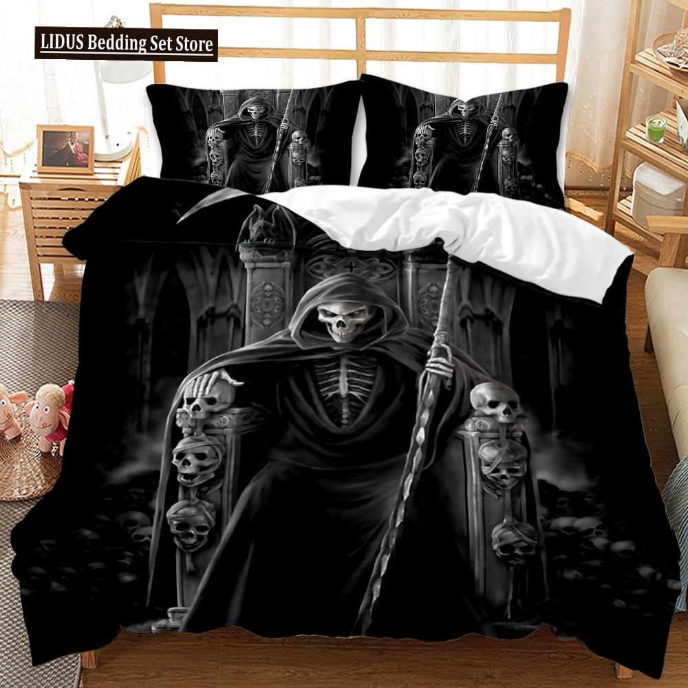 3D Skull Duvet Cover Set, Gothic Skull Bedding Sets,Skull Skeleton Comforter Cover Full Queen Size,Halloween Horror Quilt Cover