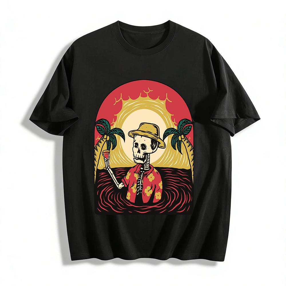

Vacation Skull Cheers Print Tee Retro Beach Style Casual Top Pure cotton T-shirt XXS