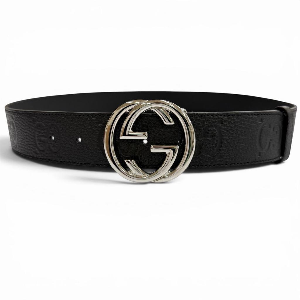 Great GUCCI belt GG pattern interlocking G black leather mens 794196 Used