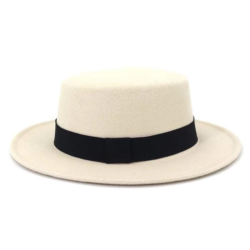 Autumn Winter Korean Version Flat-Top British Style Solid Color Top Hat Gentleman'S Jazz Hat Wide-Brimmed Flat-Brimmed Woolen Hats For Men And Women
