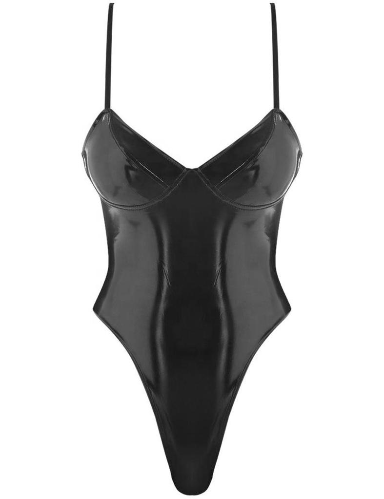 Sleek European & American Faux Leather Strappy Backless Bodysuit & Swimsuit