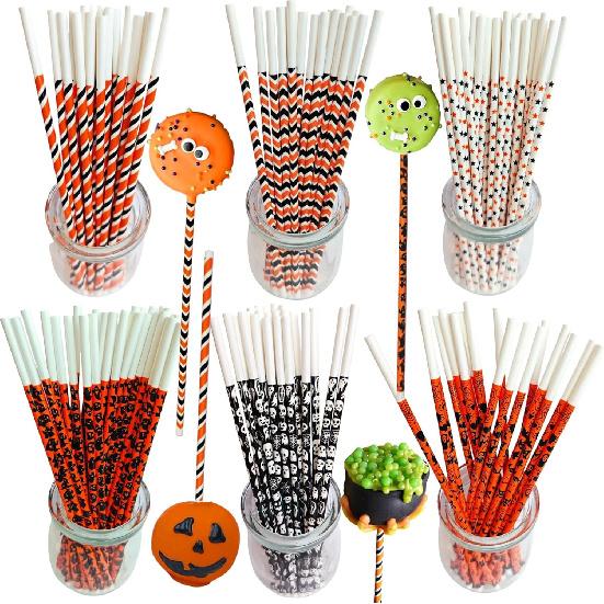 6 Inch Halloween Cake Pop Lollipop Sticks, (Not Hollow Paper Straws), 100 Pcs Black Orange Colorful Lollipop Cake Pop Paper Sticks, 6  Length, 5/32