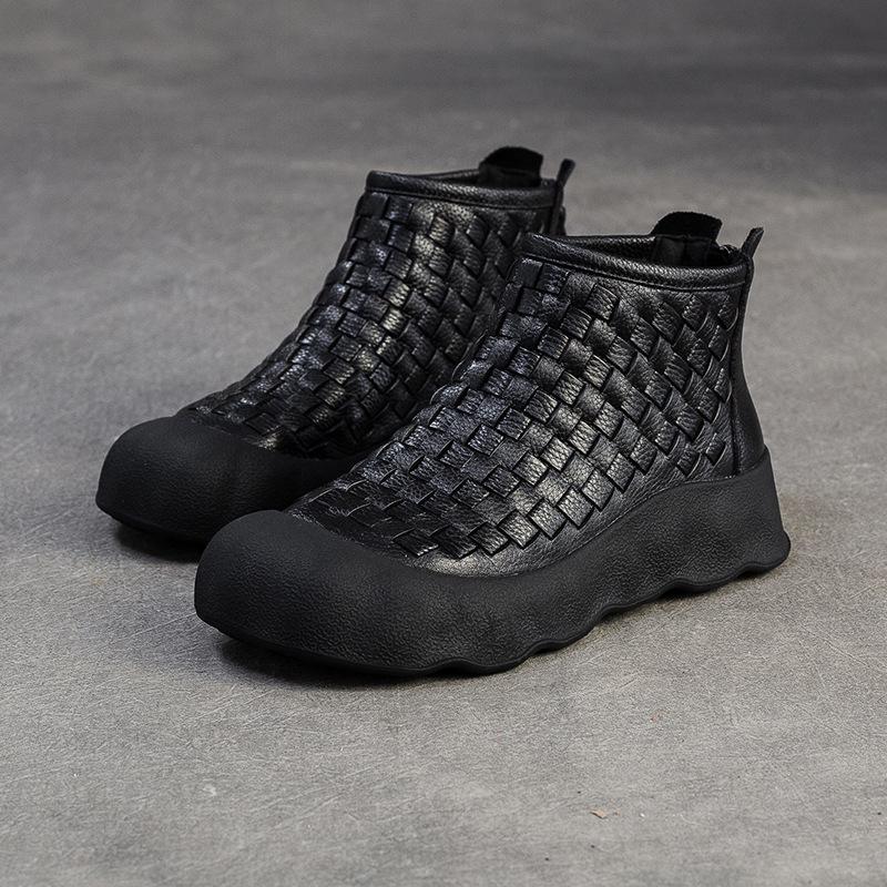 

Johnature Plush Warm Genuine Leather Hand Woven Ankle Boots Comfortable And Versatile Women s Shoes 35