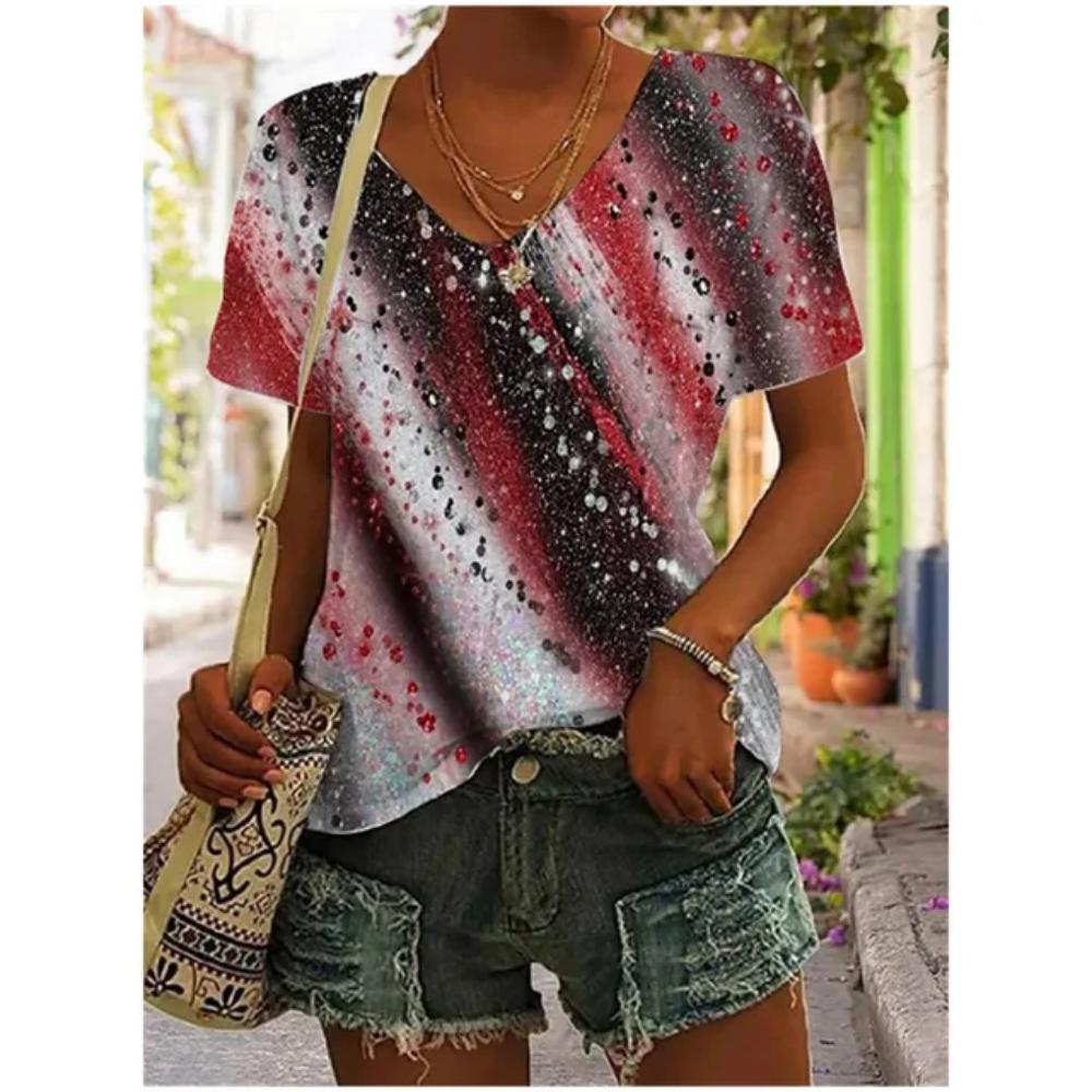 3D V Neck T Shirt Vintage Women Mixed Floral Pattern Print Summer Ladies Shirt Tops Street Trend Loose Plus Size Ladies Tops