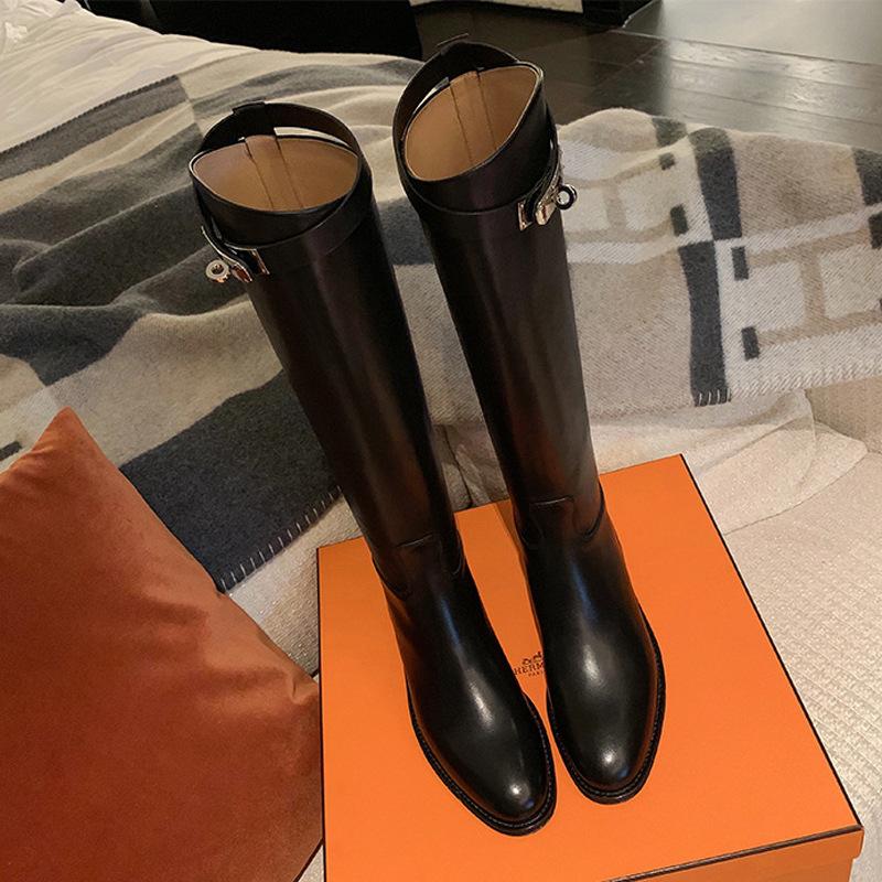 Cowhide Version~ Grape Mother Same 2025 Autumn and Winter New Pointed Thick Heel Knight Boots Commuting Medium and High Boots Women