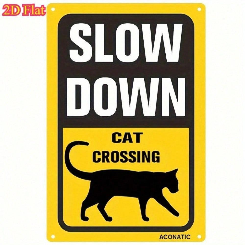 Vintage Metal Sign Slow Down Cats Crossing 8x12 In Waterproof 2D Flat Wall Decor With Pre-Drilled Holes