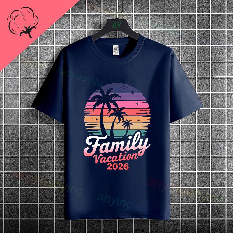 Unisex  Unisexs Family Vacation 2026 Graphic Tshirt With Retro Sunset Palm Tree Desgin Pure Cotton Short Sleeve Casual Tshirt