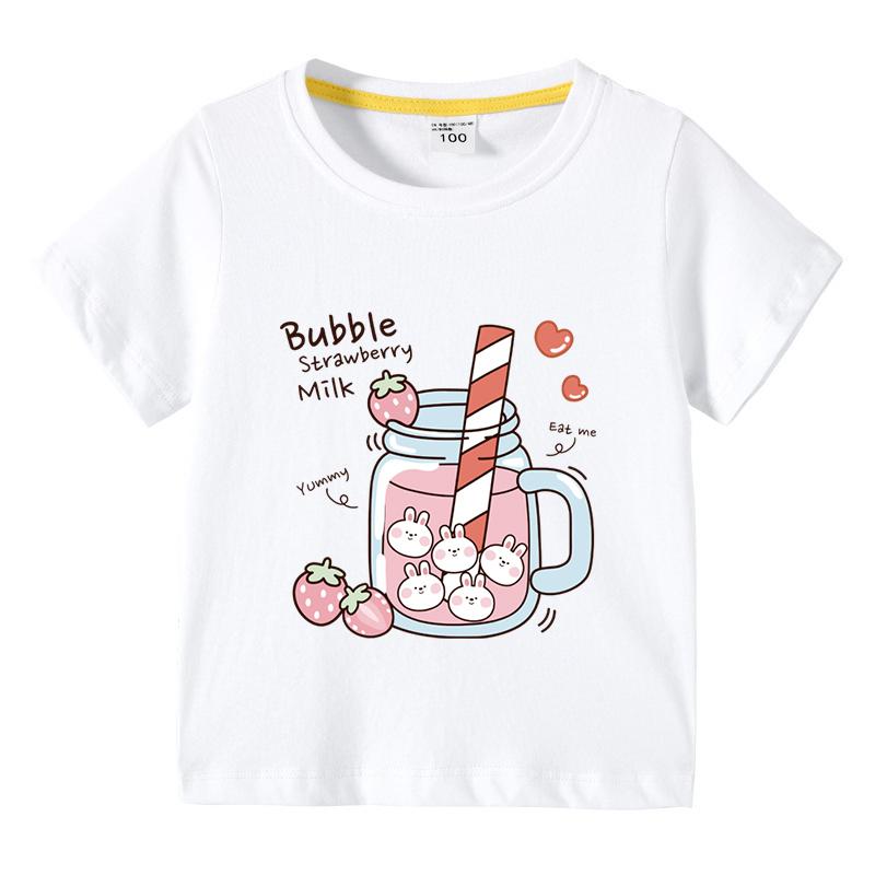 Girls TShirt Bubble Strawberry Milk Print Short Sleeve Tee Cute Cartoon Summer Casual Tops for Kids Children