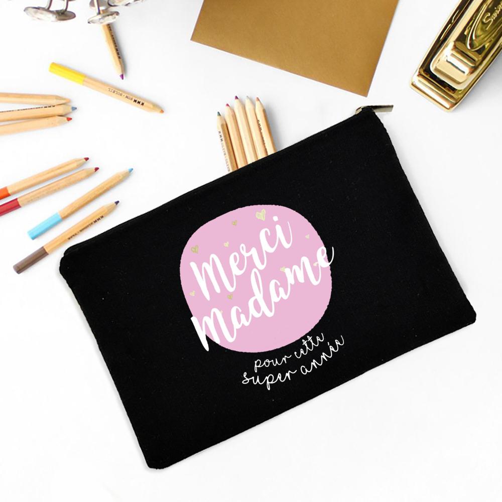 Merci Madame Print Pencil Bag Large Capacity School Stationery Supplies Storage Bags Travel Make Up Bag Year-end Gift for Madame