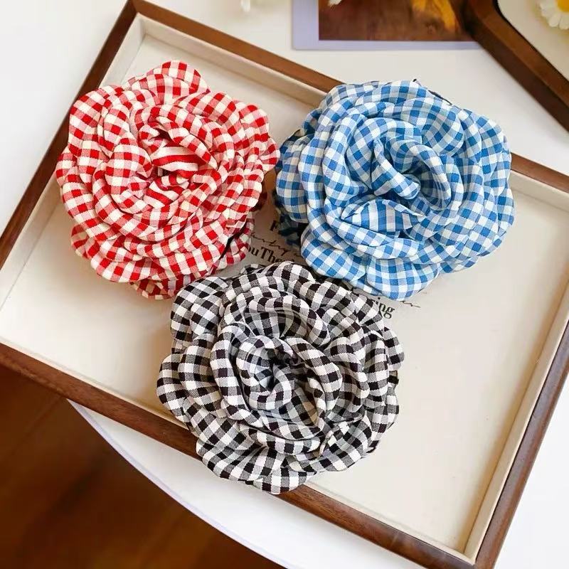 Plaid Fabric Flower Hair clip for women Elegant Ponytail Clip Fashion Girls Hair Accessories
