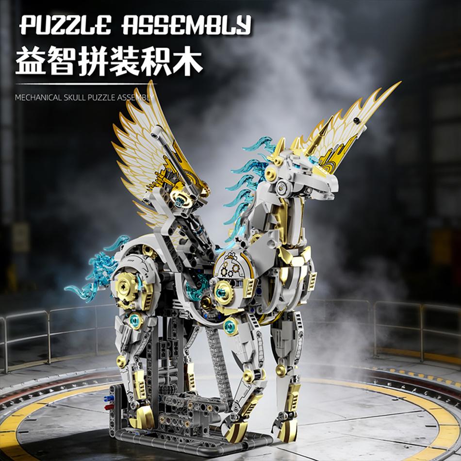 1499 PCS Mechanical Winged Unicorn Model Building Blocks with Motor LED Mythical Pegasus Alicorn Animal Bricks Toys Kids Gifts