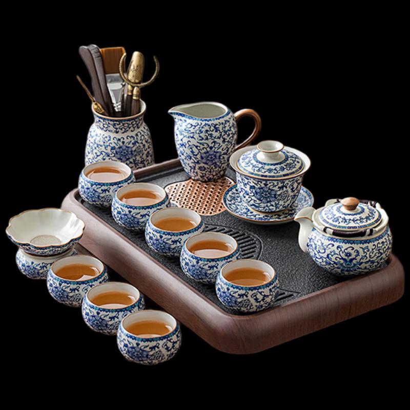 Wo Ding Blue and White Ru Kiln Tea Set with Walnut Tray