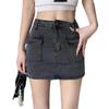 Summer Denim Skirt with Liner High Waist Button Zipper Fly Short Skirt with Fly Pockets Solid Color A-Line Hip Wrapped Skirt