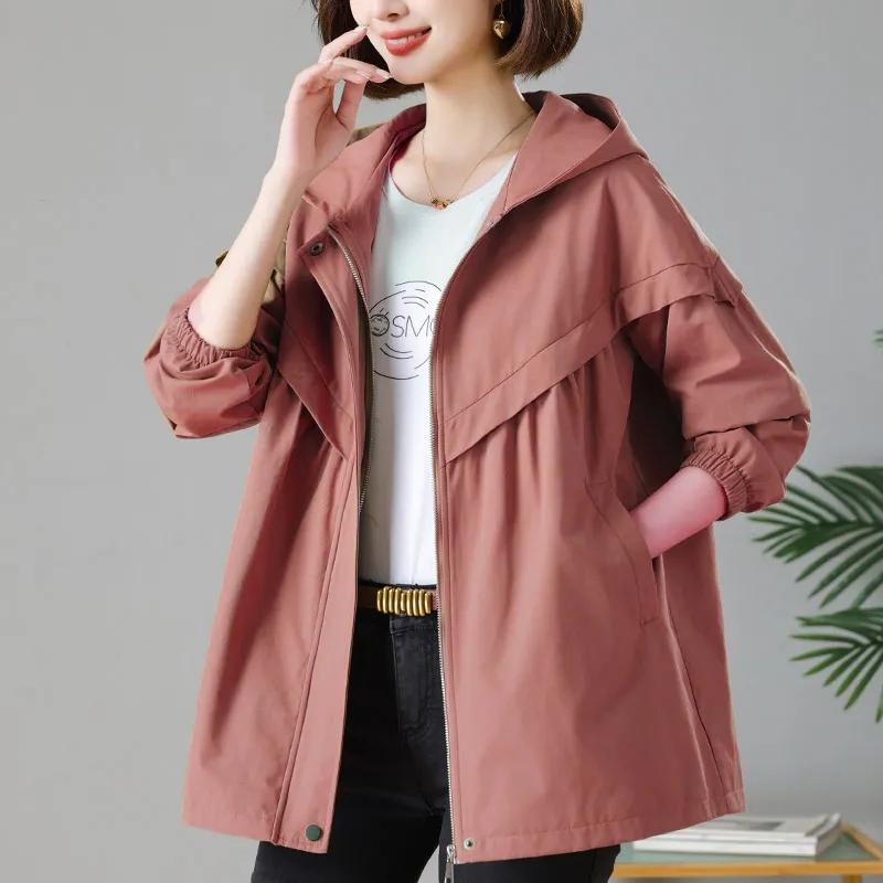 Wiatrówka Casual Duży Rozmiar Luźna Odzież Wierzchnia Kurtka z Kapturem Średniej Długości Kurtka Wiosenno-Jesienna Płaszcz Damski