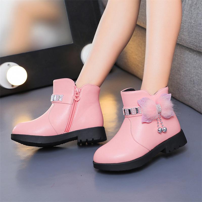 Winter New Children's Shoes Girl Mid Length Warm Leather Boots Baby Bow Cute Plush Student Cotton Boots