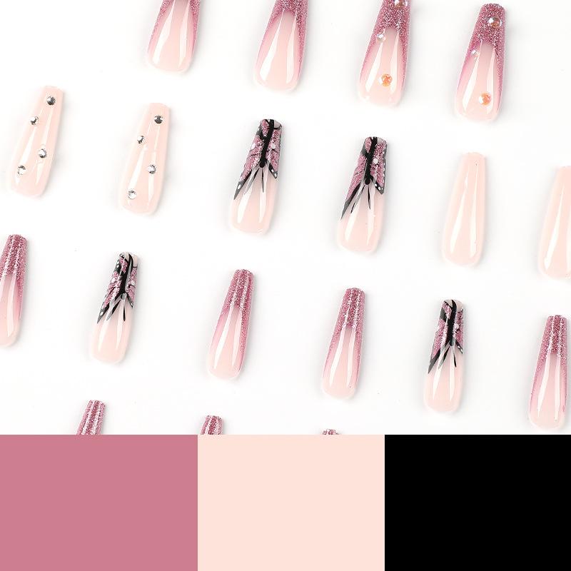 24Pcs/Set Quick Nails Purple Glitter French False Nials Sticker Wearable Waterproof Manicure Finished Nails