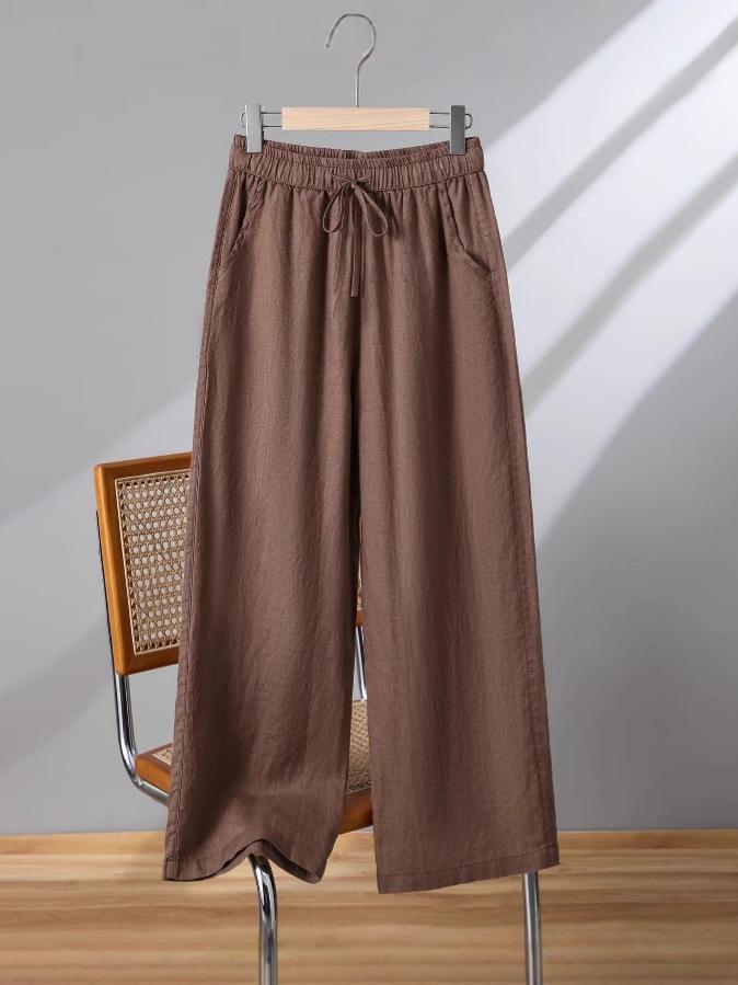 Hohe Taille Baumwolle Leinen Damen Weite Beine Verkürzte Hosen - Koreanischer Stil, Große Größen, Kordelzug, für Frühling, Sommer, Herbst