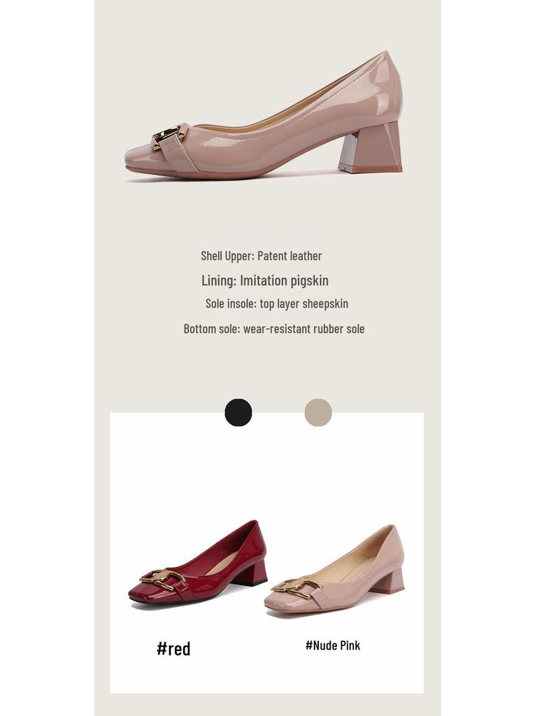 French Retro Sheepskin Patent Leather Square Head High Heels - Women's Two-Way Thick Heels for Autumn