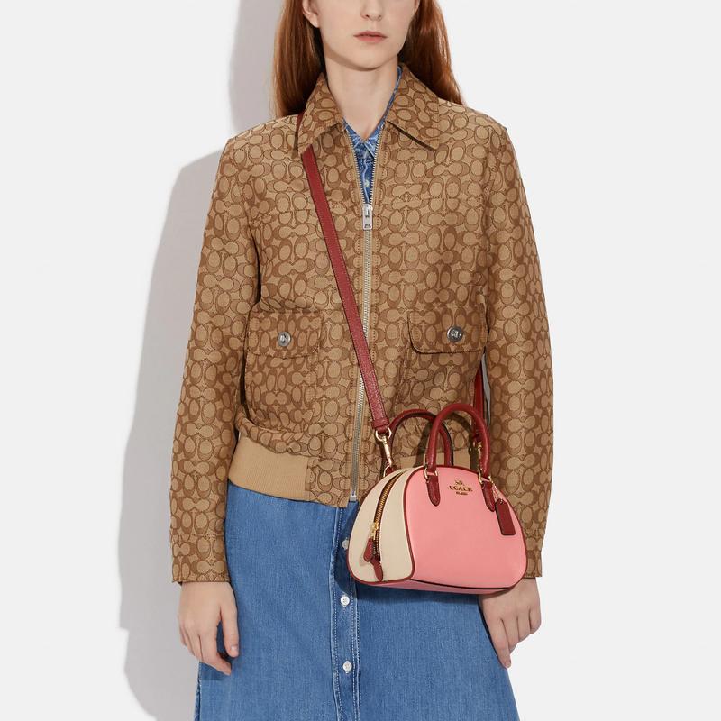 Coach Sydney 21 Color Block Letter Logo Split Calf Leather Shoulder Crossbody Tote Regular Women's Mixed Candy Pink