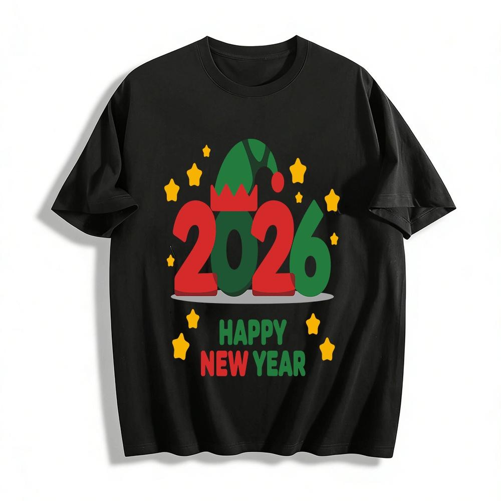 

2026 New Year Themed Red Number Print Casual Top Pure cotton T-shirt XXS