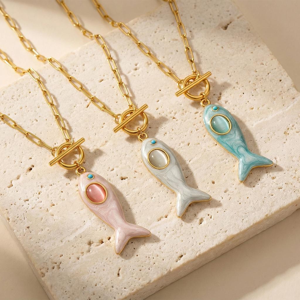 Fisch Emaille Blaue Strasssteine Anhänger Charm Halskette 18K Gold Beschichtet 304 Edelstahl Paperclip Glieder Kette Ozean 45cm(17.7 ")lange