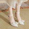 Pointed High Heels Large Size Plus Size Wide Women's Shoes Pearl Bow Single Shoes Single Buckle Hollow Sandals