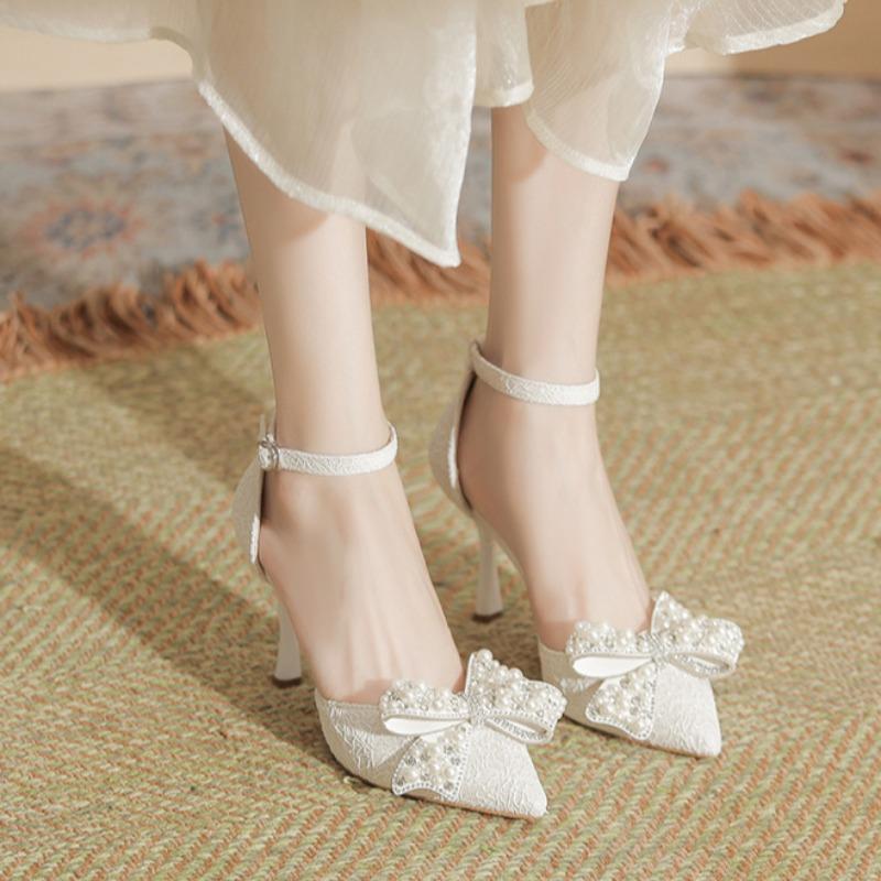 Pointed High Heels Large Size Plus Size Wide Women's Shoes Pearl Bow Single Shoes Single Buckle Hollow Sandals