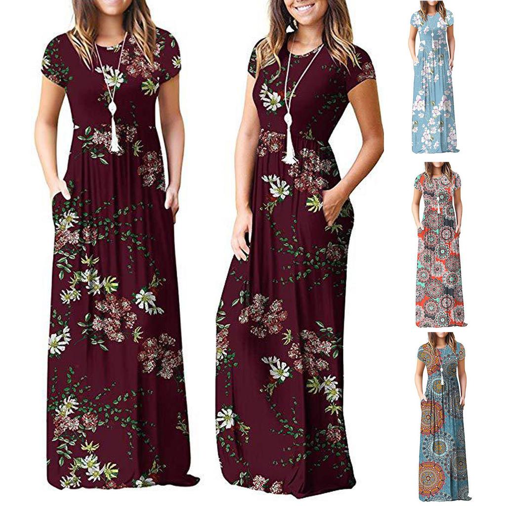 Women Fashion  Gradient Print Short Sleeve Spaghetti Maxi Dress