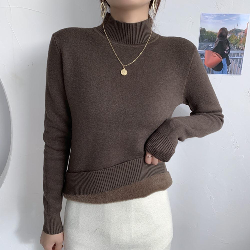 Autumn and Winter Women's Padded Thickened Sweater Single Layer Mid-collar Half-high Neck Knitted Bottoming Shirt Mink Warm Tops