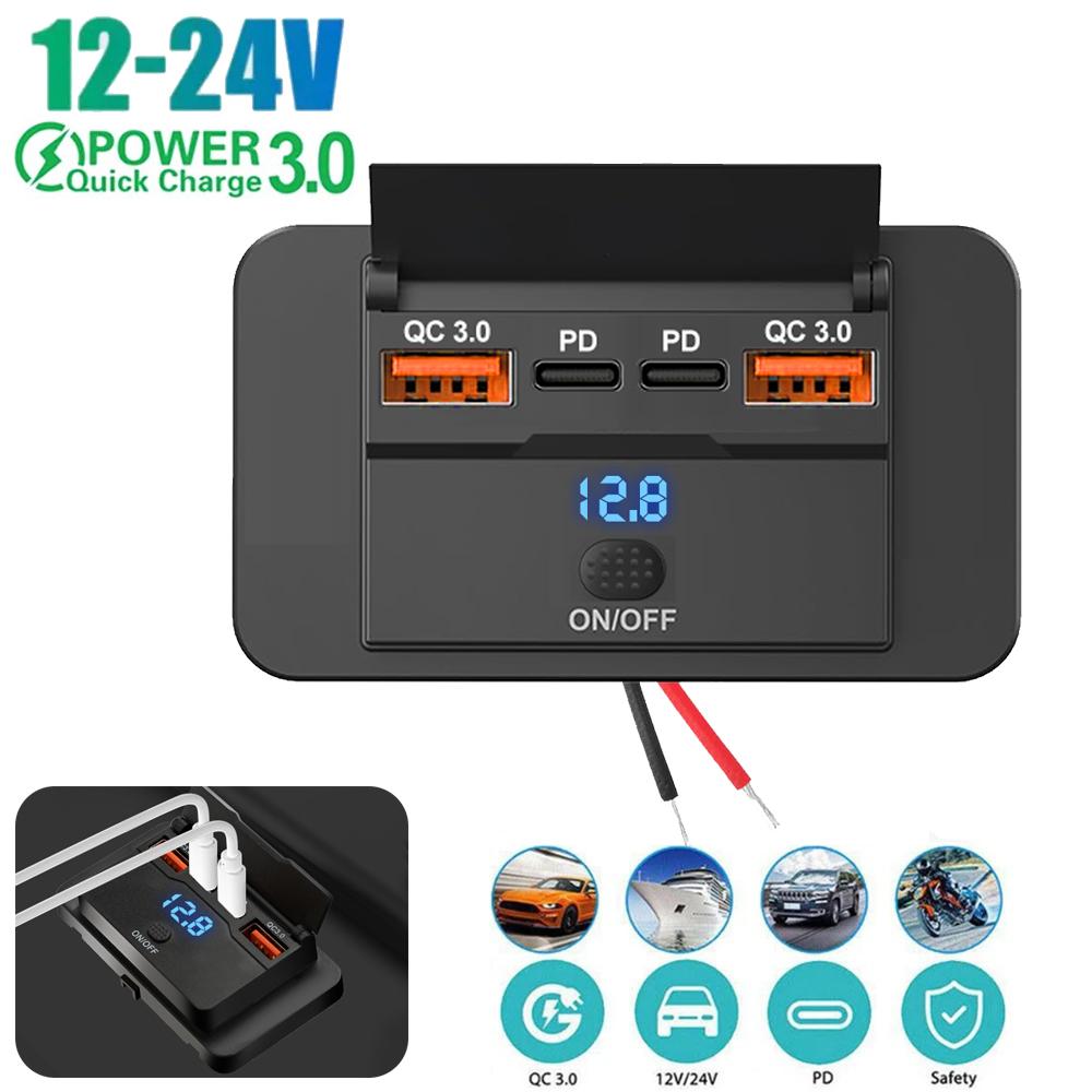 12V 24V USB Outlet Car Charging 4-Ports Dual PD Dual QC3.0 USB C Socket Wall Mount Accessories for Car Boat Marine RV Truck