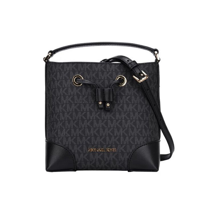 Michael Kors MK Mercer 18 Classic Monogram Drawstring Closure Canvas Bucket Bag Women handbags Black 35F2GM9M1B-BLACK Small