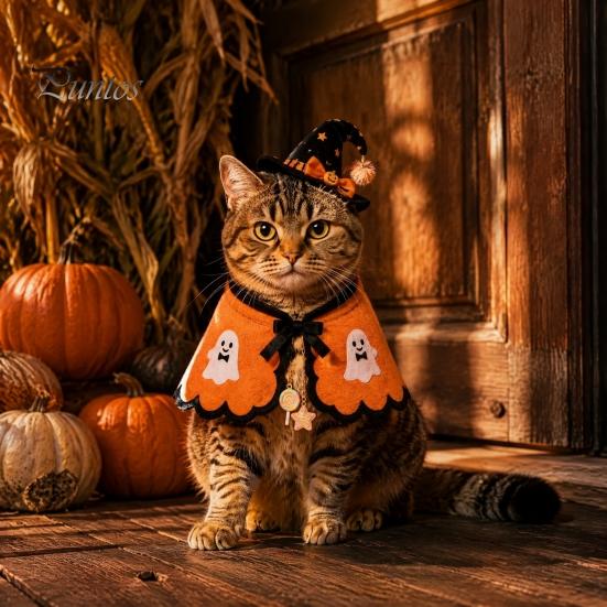Cat Witch Hat Set Halloween Costume, Cute Ghost Cloak, Funny Pet Costume for Small Pets Festival Outfit, Kitty Cosplay Cape Holiday Party Accessories