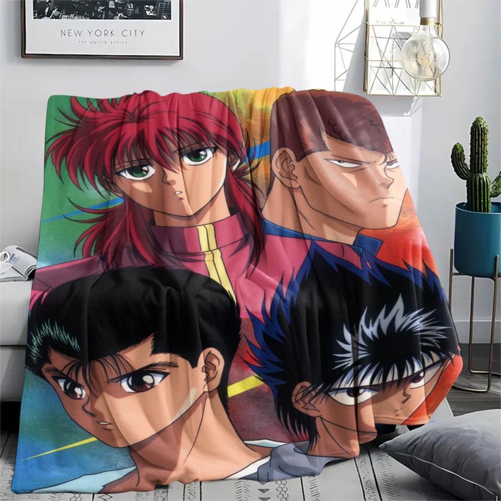 1Pc YuYu Hakusho Print Flannel Blanket, High quality Comfortable for All Seasons, Home Decor, Warmth and Comfort, Perfect for Christmas Gifts