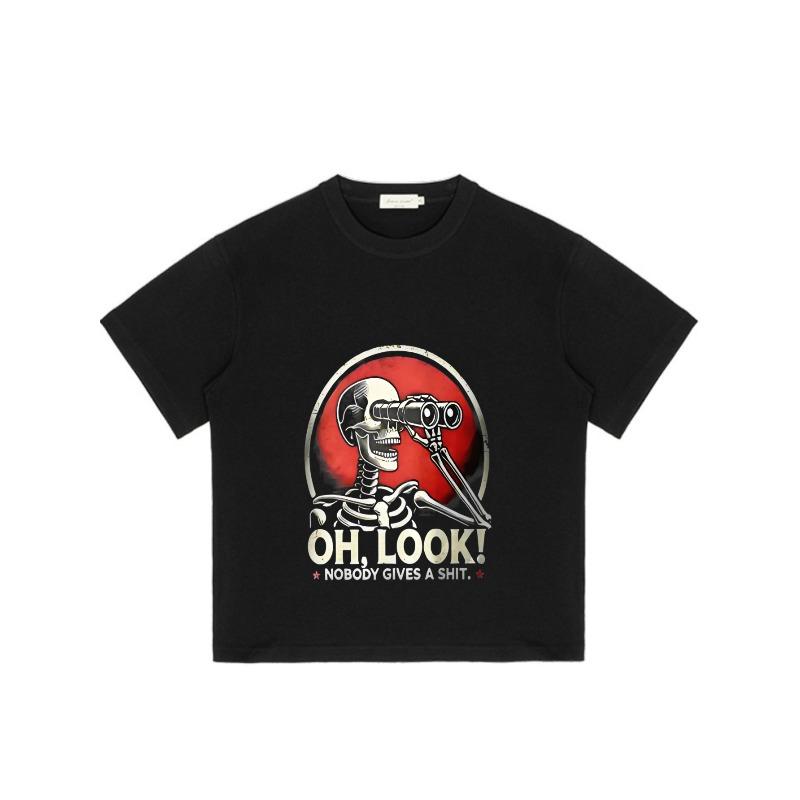 Black T-Shirt with Skeleton Binoculars Oh Look Nobody Gives A Shit Graphic Design for Casual Wear
