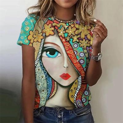 Abstrakte Gesichter Malerei Vintage Grafik 3D Druck Damen Rundhals Kurzarm T-Shirt Harajuku Tees Top Damenbekleidung