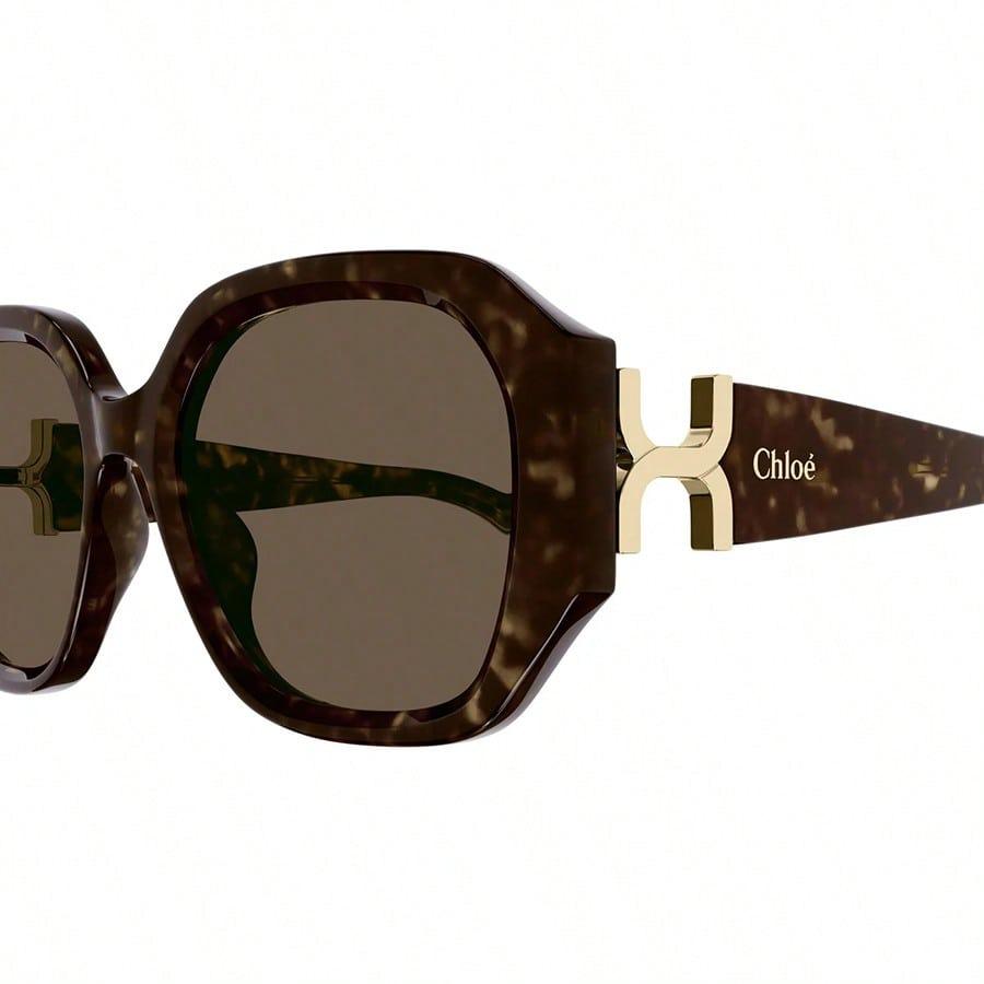 Chloé CH0236S‑002 Women Tortoise Shell Geometric Sunglasses Gold H‑Shaped Hinge Sun Glasses