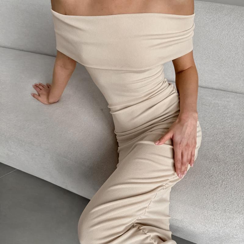 Slash Neck Solid Color Knitted Dresses Women Evening Short Sleeve Dress Party Female Ankle-Length Dress Knit