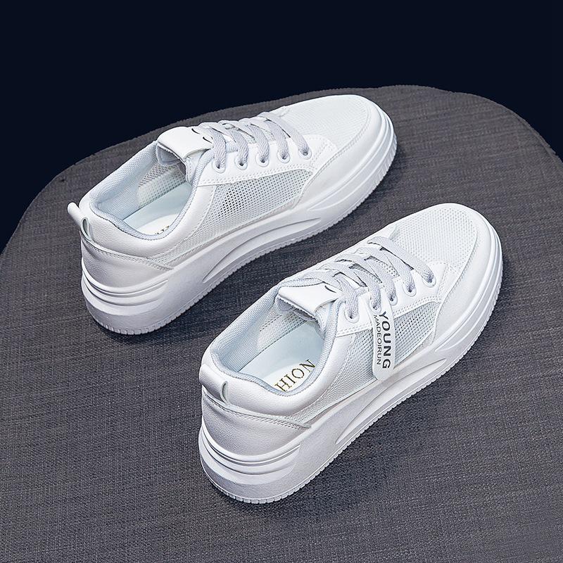 Ladies' 2025 Lightweight White Leather Height-Boost Sports Casual Shoes - Breathable Soft Thick Sole for Spring & Autumn