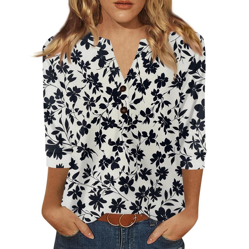 Γυναικείο T-Shirt με Πουέντα Κουμπί 3/4 Μανίκι Καθημερινό Σαββατοκύριακο Μόδα Βασικό V-Λαιμόκοψη Κανονικό Τοπ