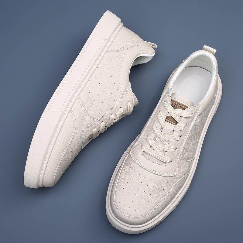 

Autumn New Shoes for Men Genuine Leather Casual Shoes Fashion Flat Skateboard Shoes Youth Lace-up Sneaker 44 бежевый